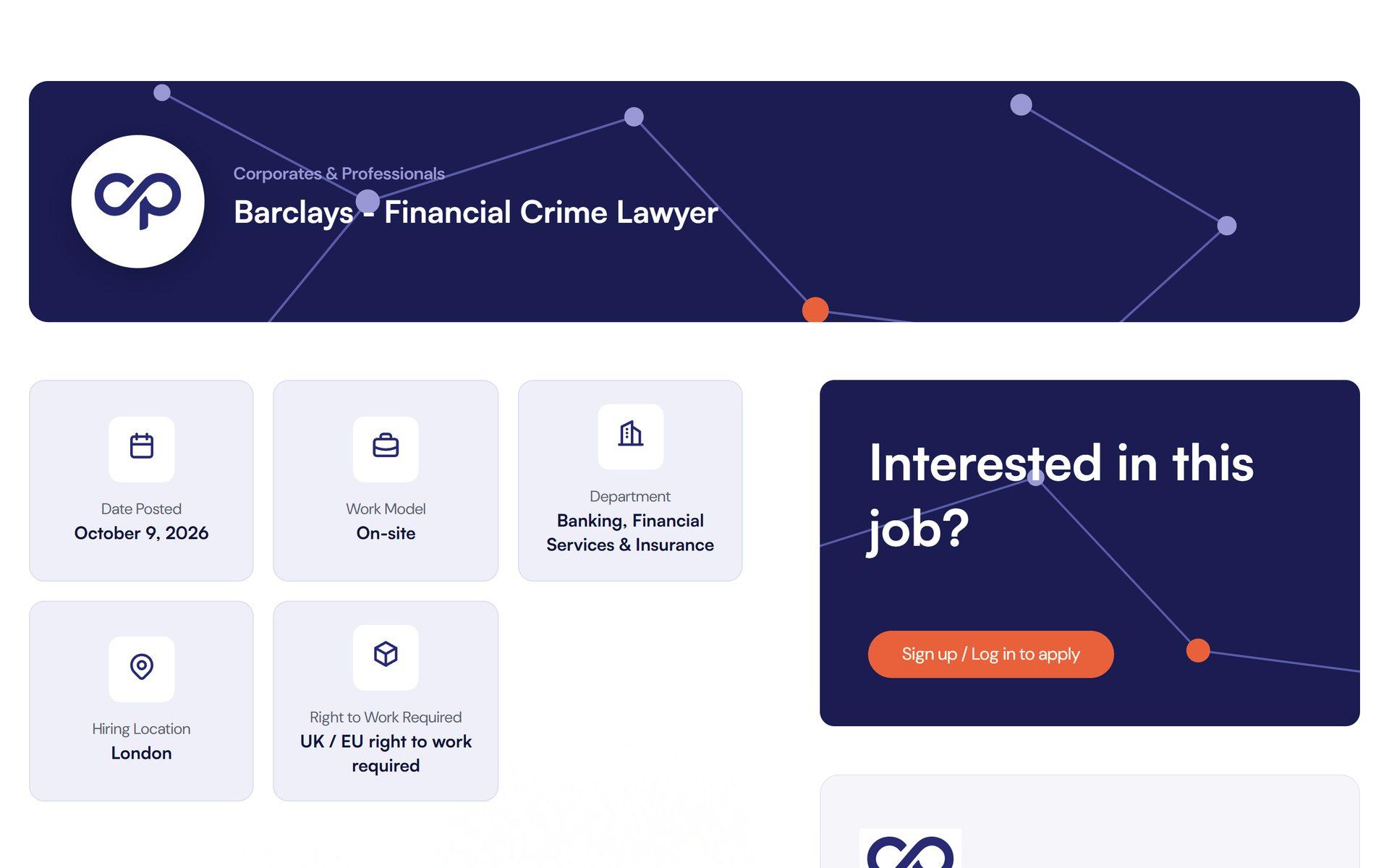 A single job page with role details and an apply prompt