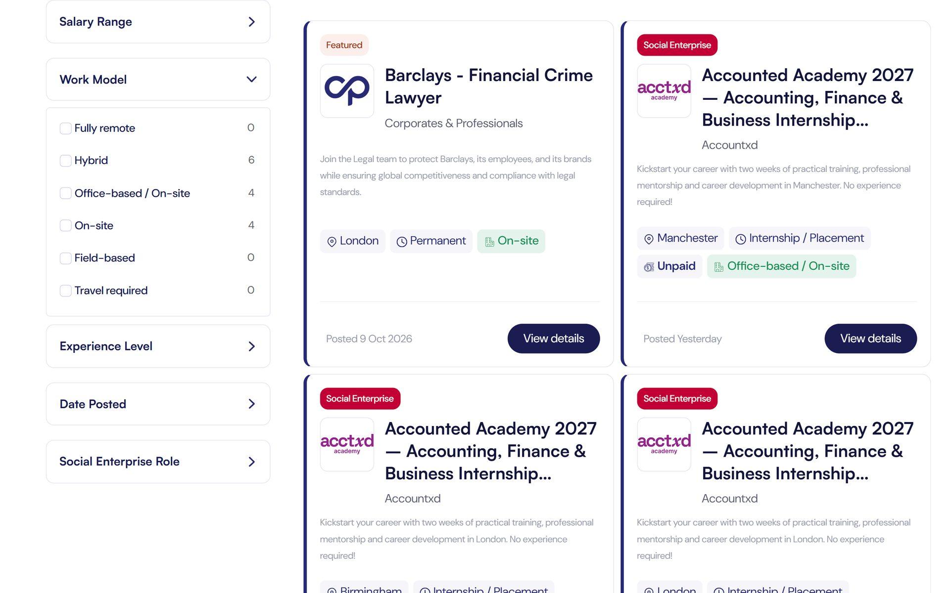 Job listings with filters and featured roles