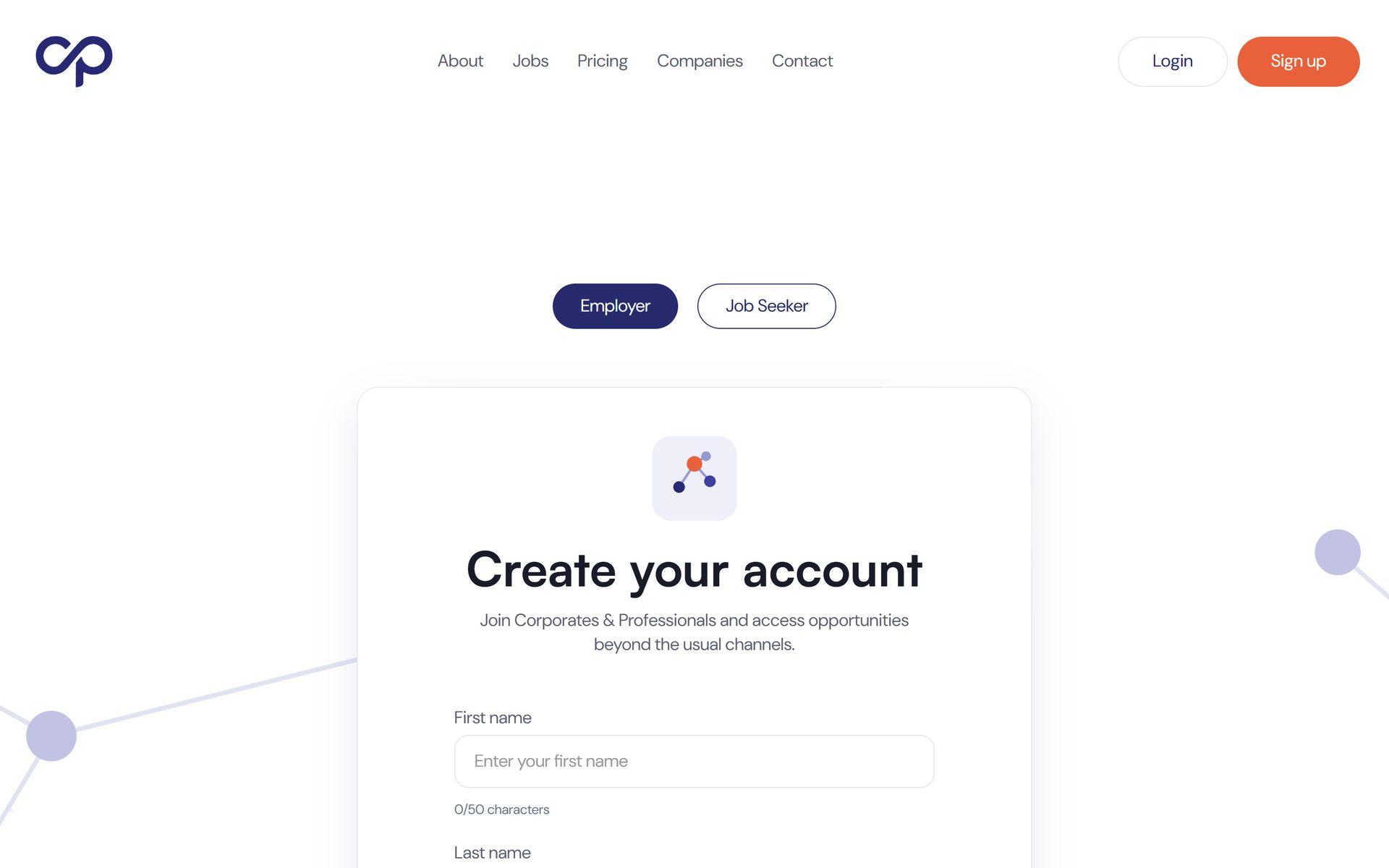 Sign-up page with separate employer and job seeker accounts